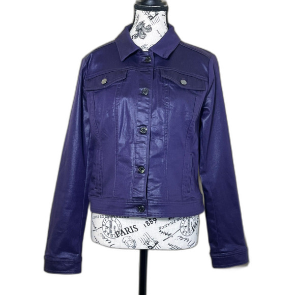 WHBM Purple Shimmer Biker Trucker Coated Jean Jacket Fancy 10 Chic Date EUC - Picture 1 of 8